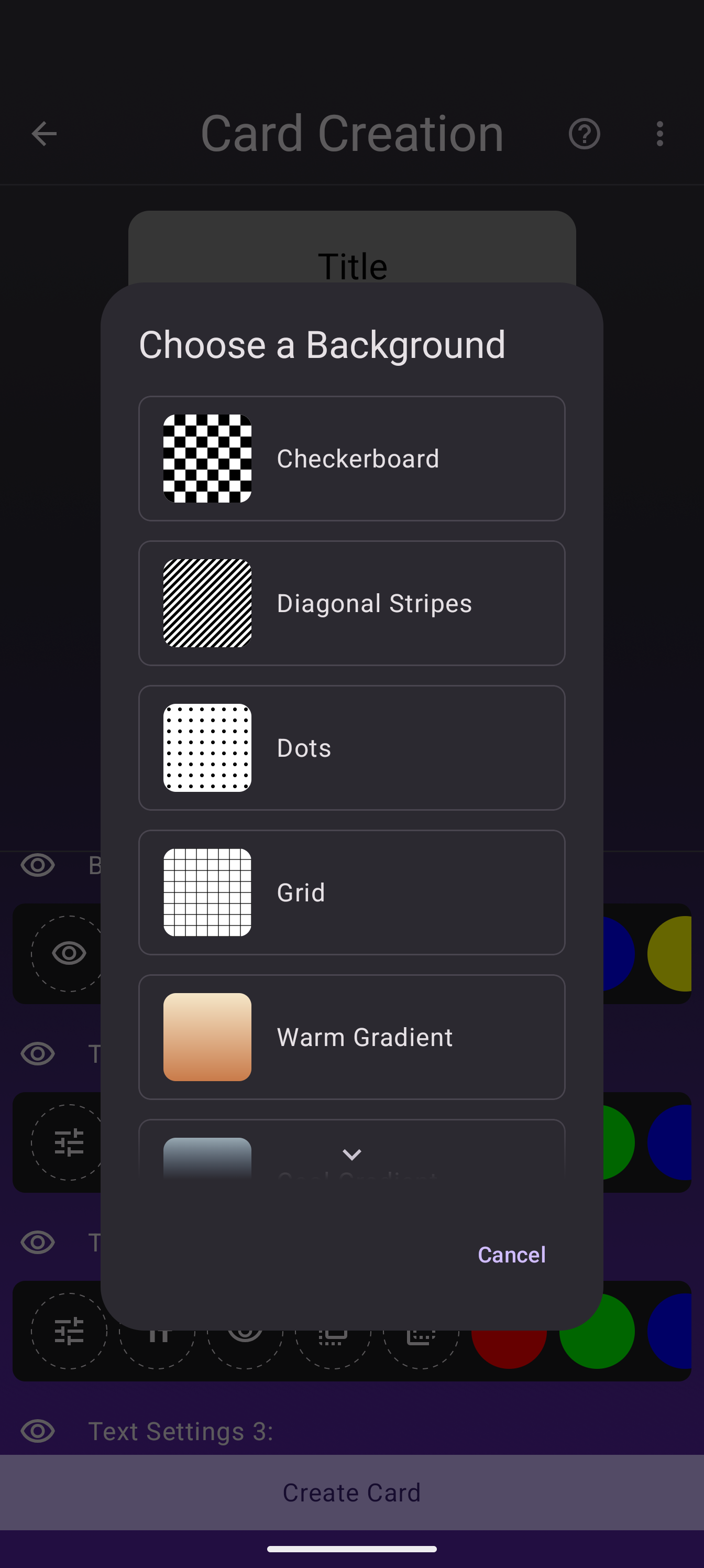 The preset picker with all six backgrounds