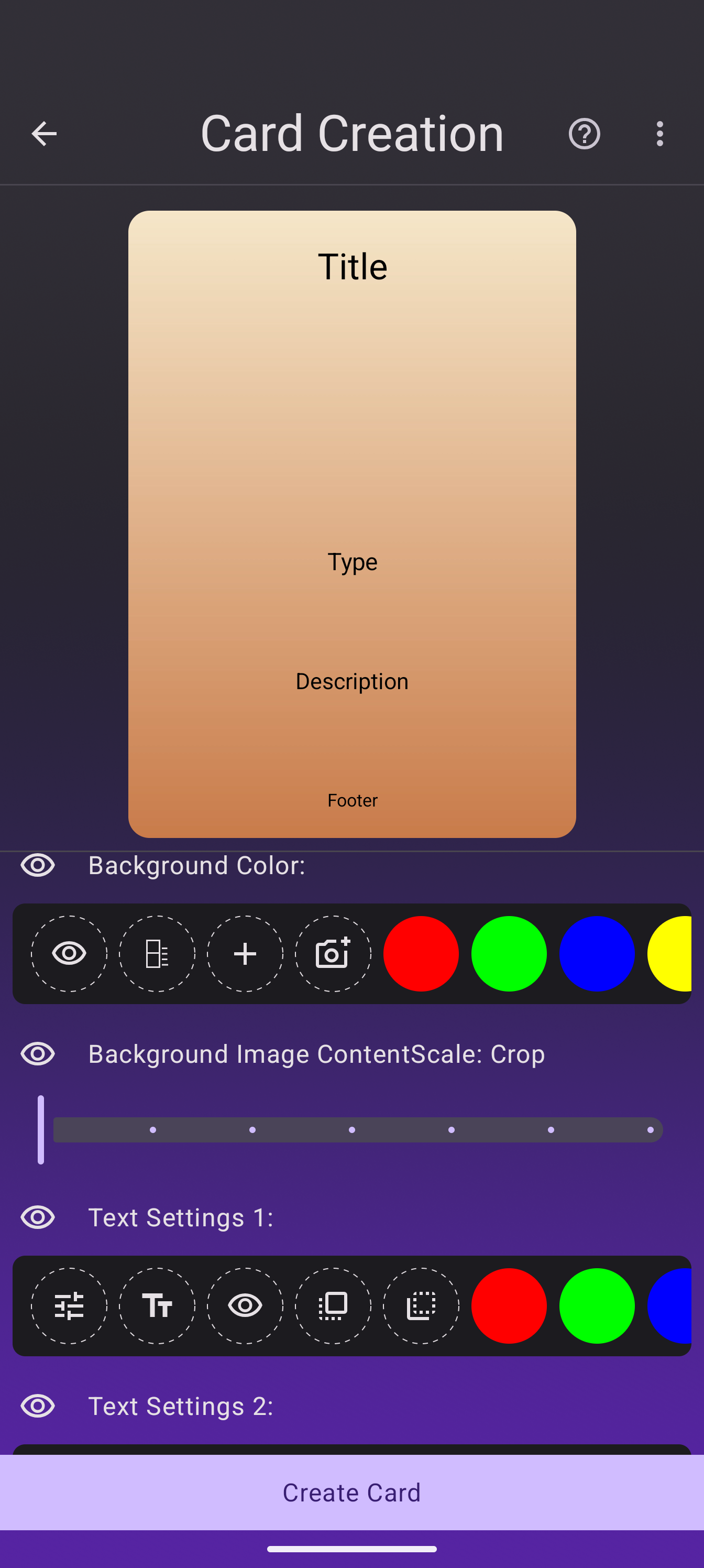 A trading card layout with the warm gradient preset background
