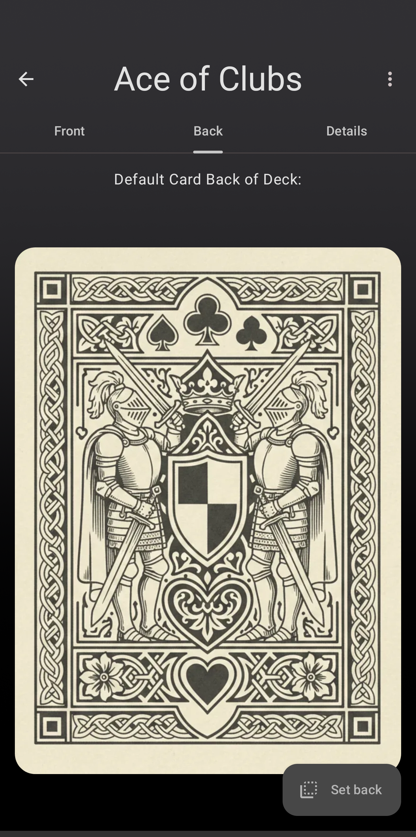 A card's Back tab showing the deck's default card back and the Set back button