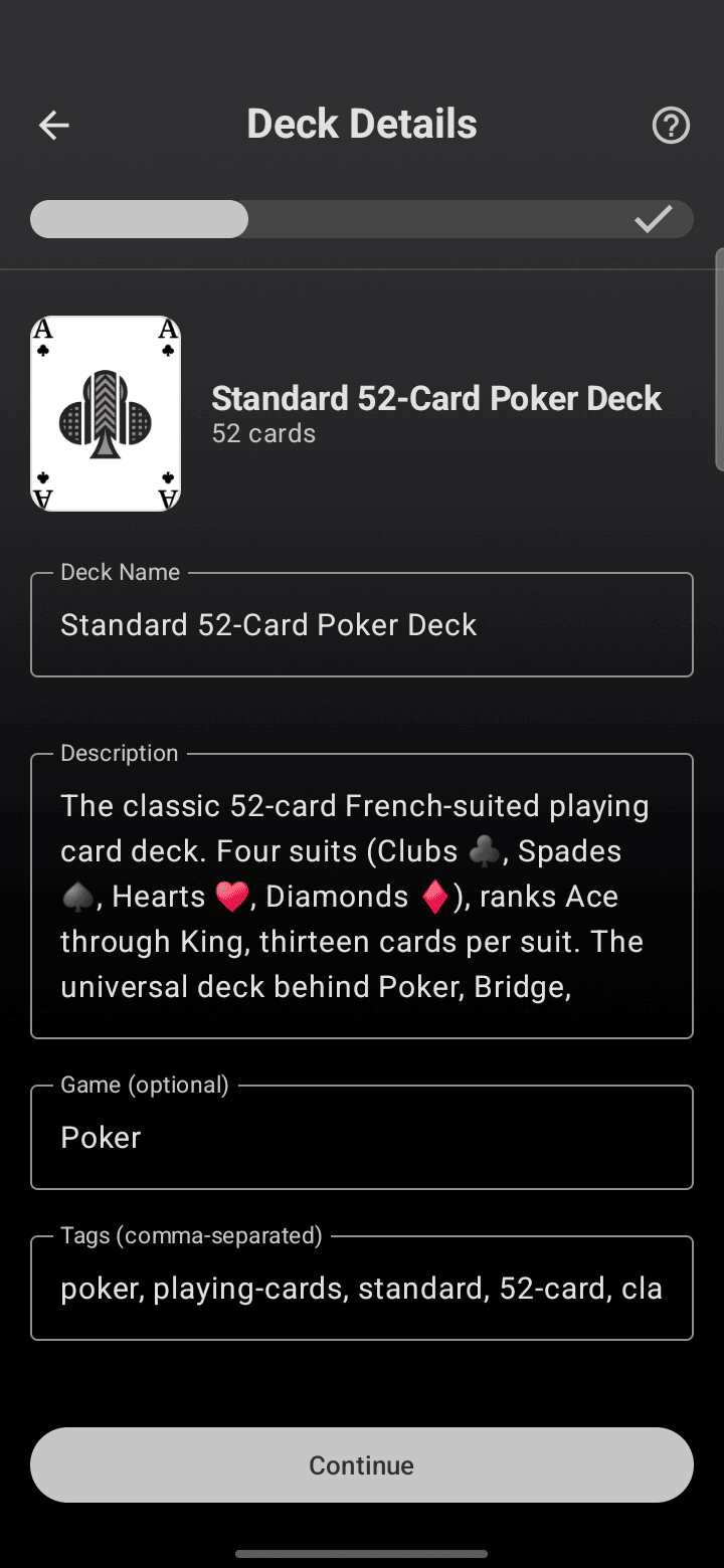 The Deck Details step of publishing, pre-filled with the Standard 52-Card Poker Deck's name, description, game, and tags.