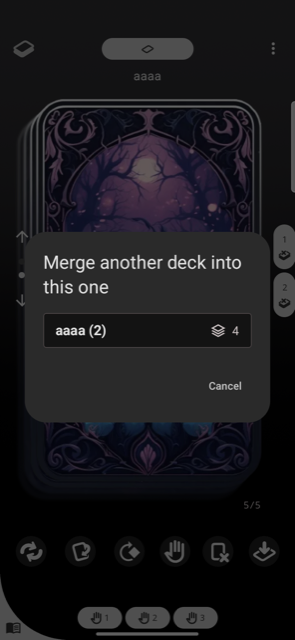 The merge-deck picker in Deck Builder listing decks with their card counts.