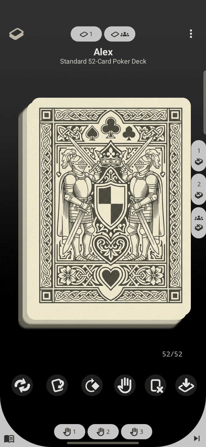 A player's board during Pass & Play, showing the poker deck with an ornate card back and a 52/52 draw pile.