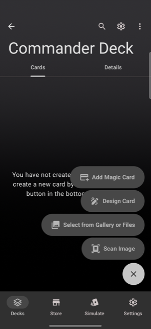 The card-creation menu in Deck Builder with the Add Magic Card option.