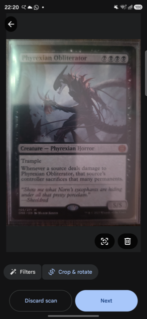 Deck Builderâs captured photo of a physical Magic card, ready to confirm.