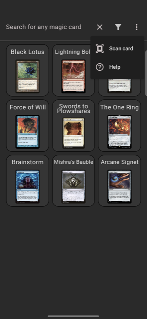 The Magic Card Search screenâs menu with the Scan card option.