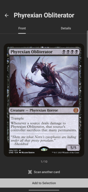 The scanned cardâs Scryfall result, showing the matched Phyrexian Obliterator with its full card art and text.
