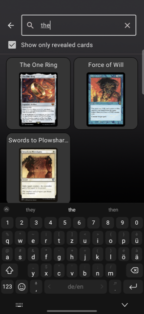 Searching the hand-cards list in Deck Builder, filtered live to cards containing “the”.
