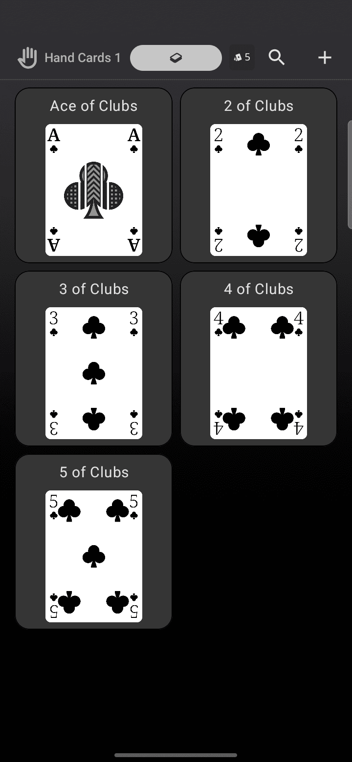 A hand of cards drawn during a test game in Deck Builder.