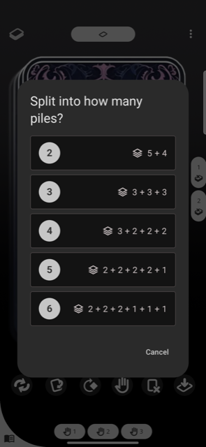 The split-deck picker in Deck Builder previewing the resulting pile sizes for each option.