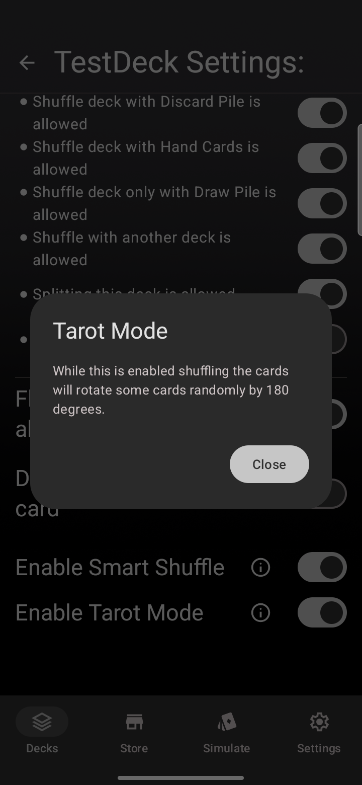 The Enable Tarot Mode toggle and its in-app explanation in a deck’s settings in Deck Builder.
